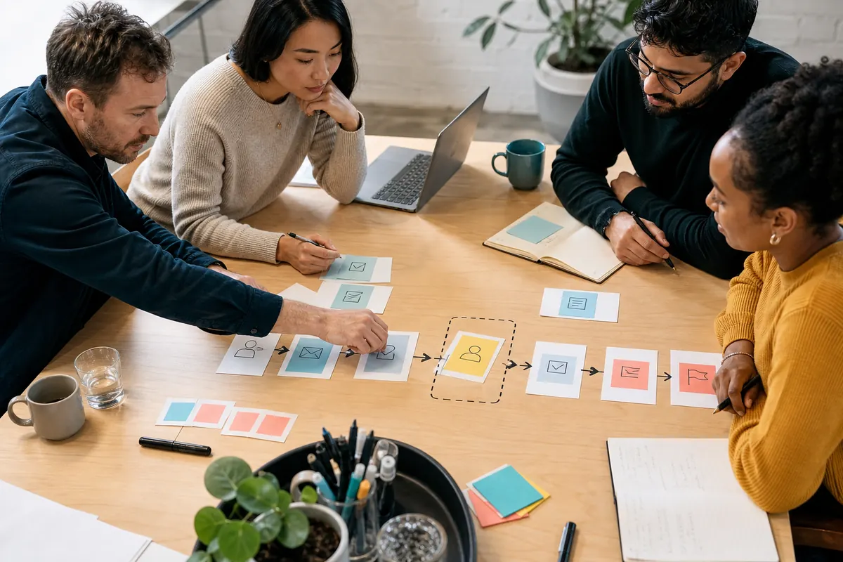 AI automation agency team mapping a business workflow and human approval gate