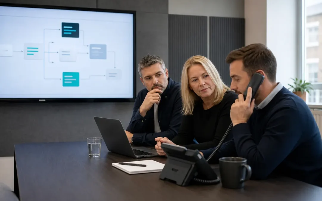 Small business team evaluating an AI receptionist call flow before launch
