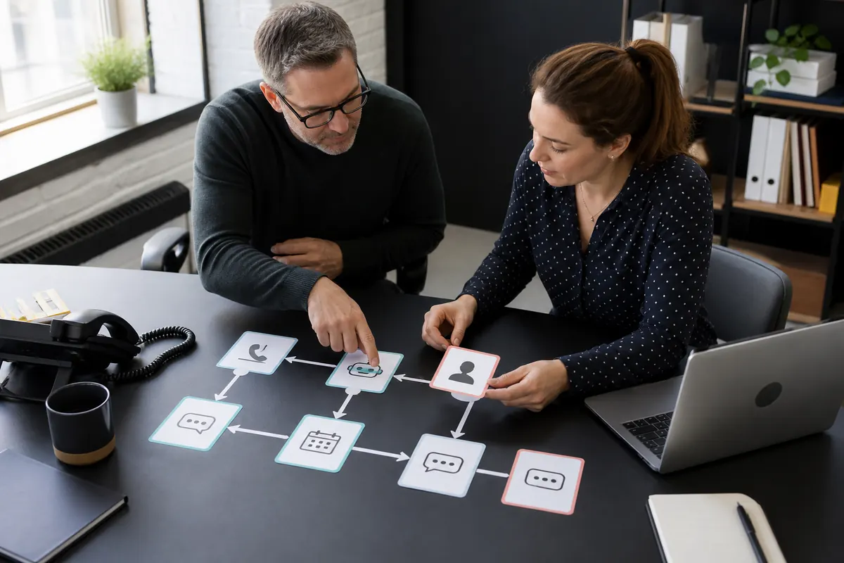 Small business team mapping an AI receptionist call flow and human handoff