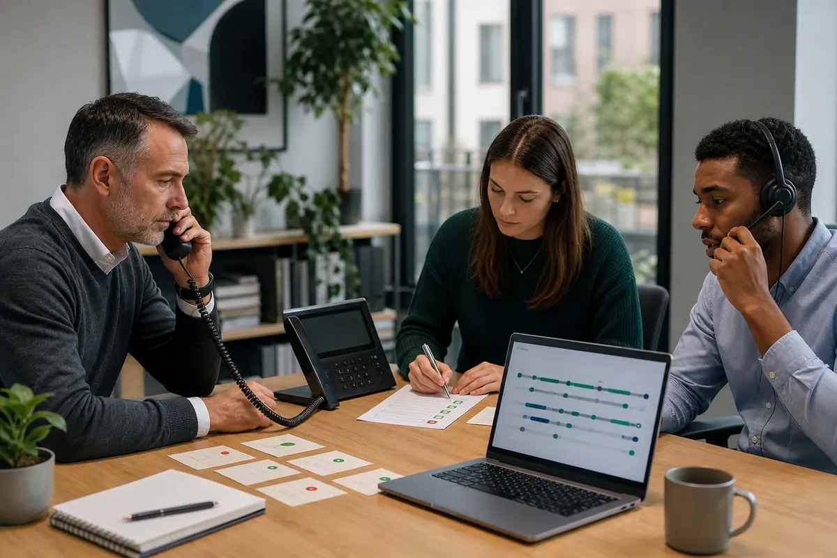 Small business team testing an AI receptionist with realistic call scenarios