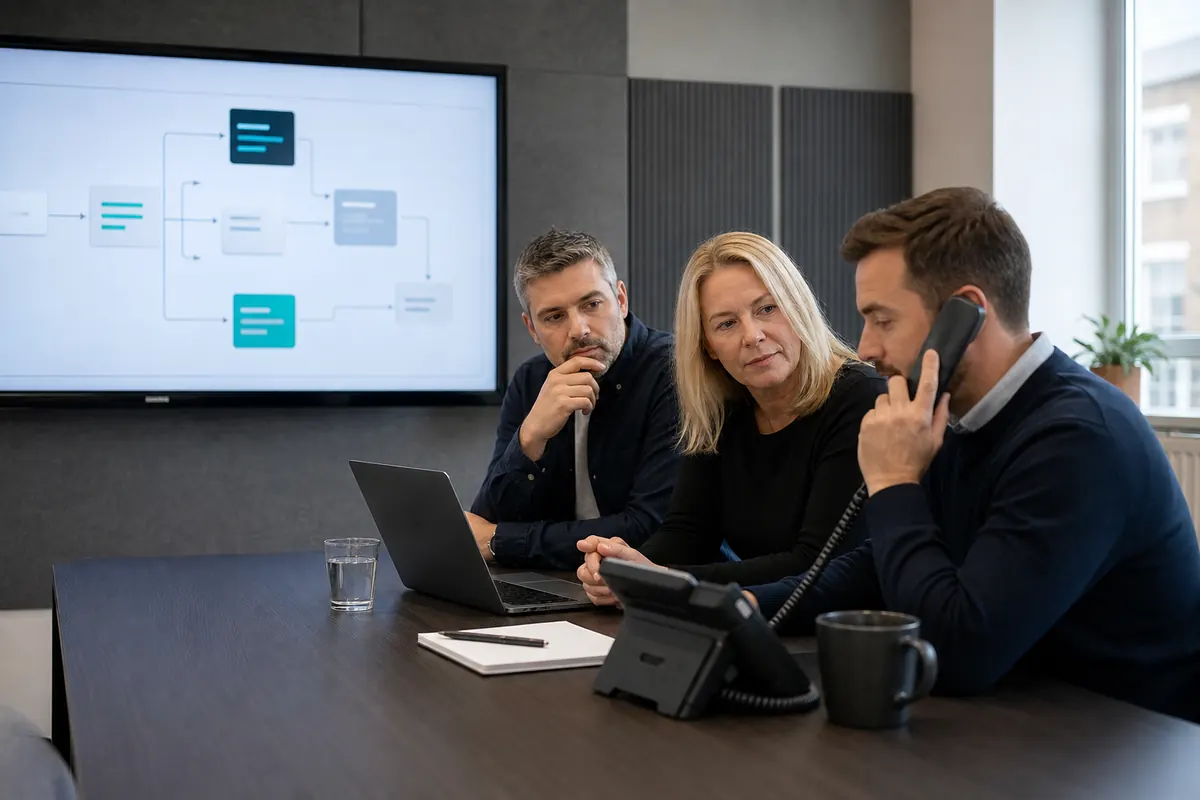 Small business team evaluating an AI receptionist call flow before launch