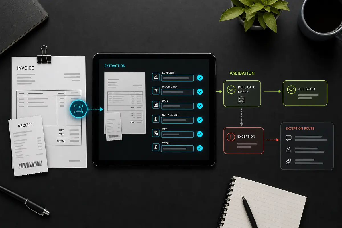 AI invoice processing extraction fields with duplicate validation and exception routing
