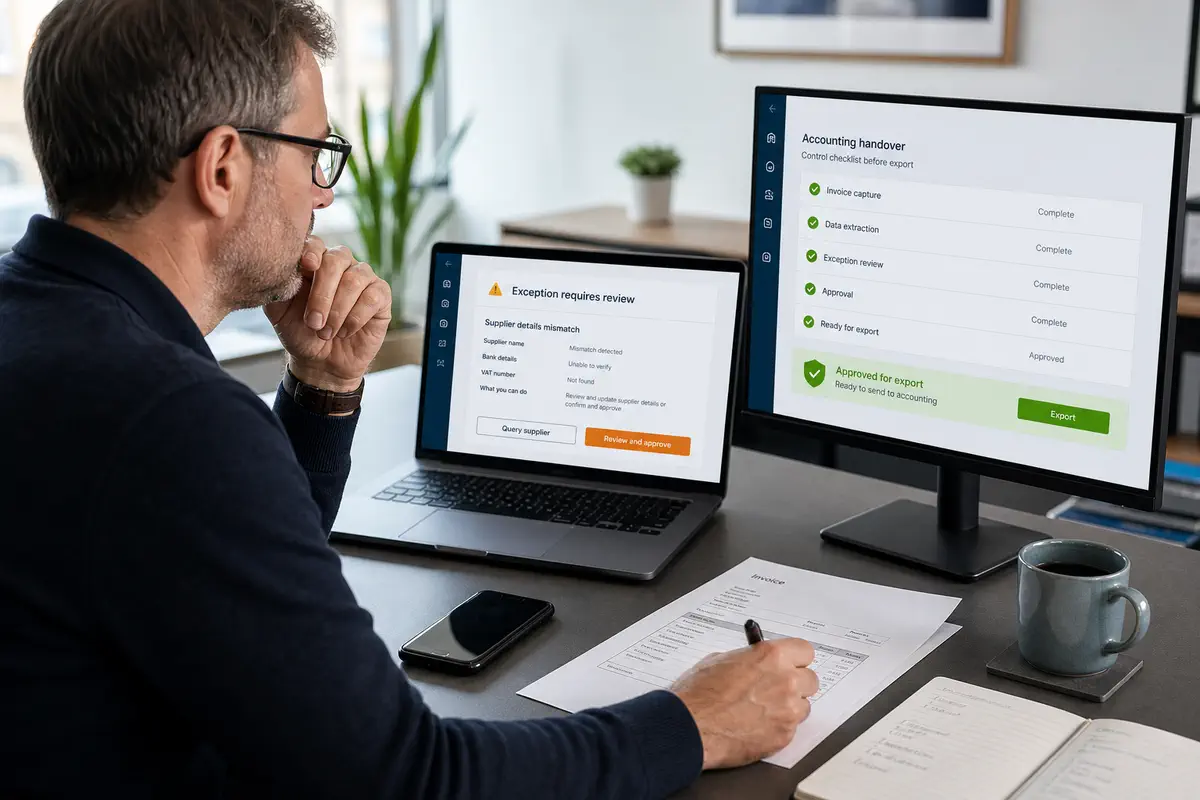 Finance manager reviewing an AI invoice processing exception before accounting handover