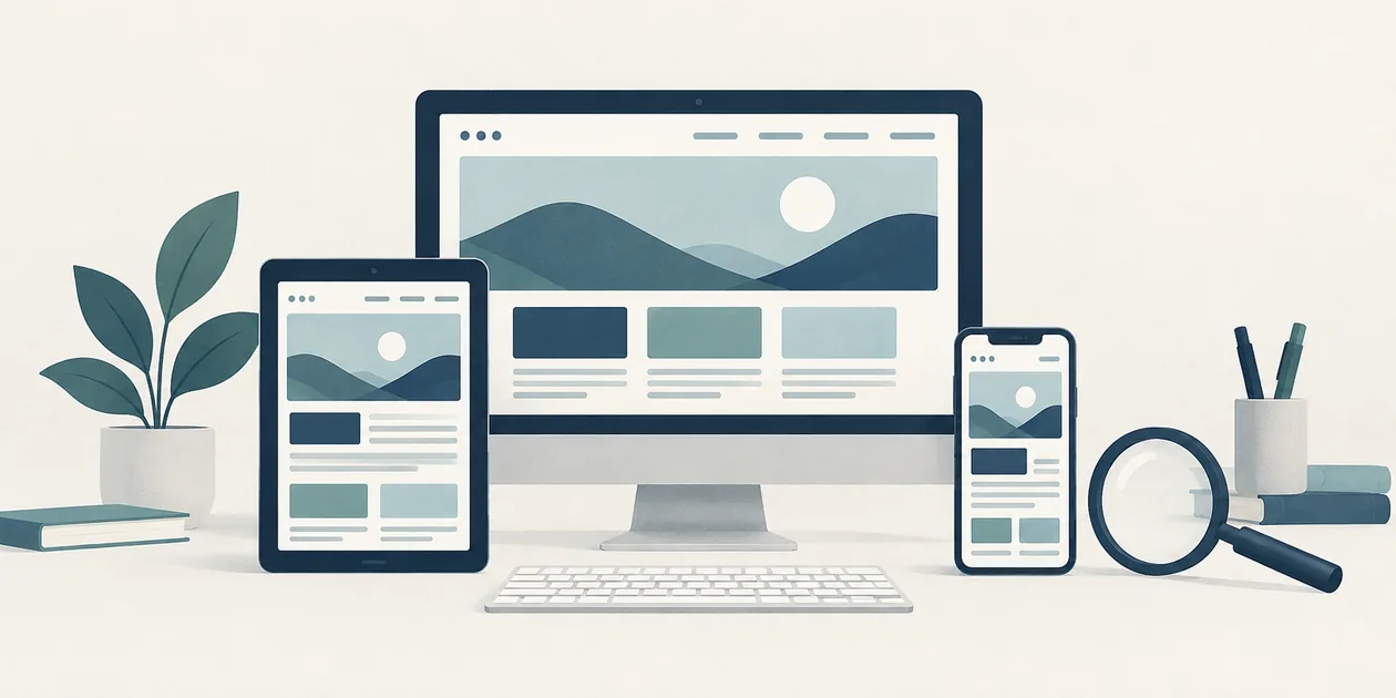 Illustrated responsive web design displayed on desktop, tablet and phone