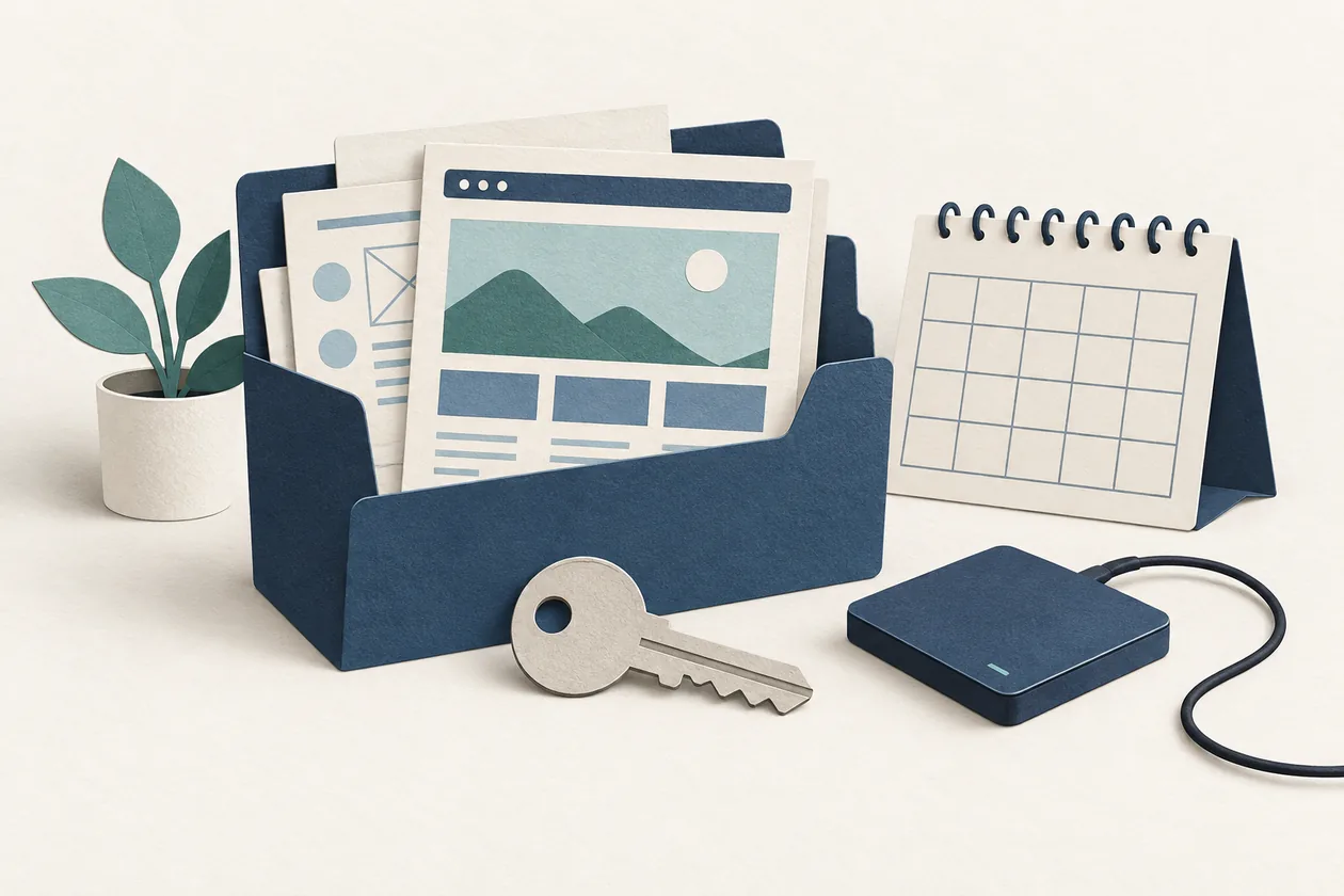 Illustrated web design handover folder beside a key, backup drive and calendar